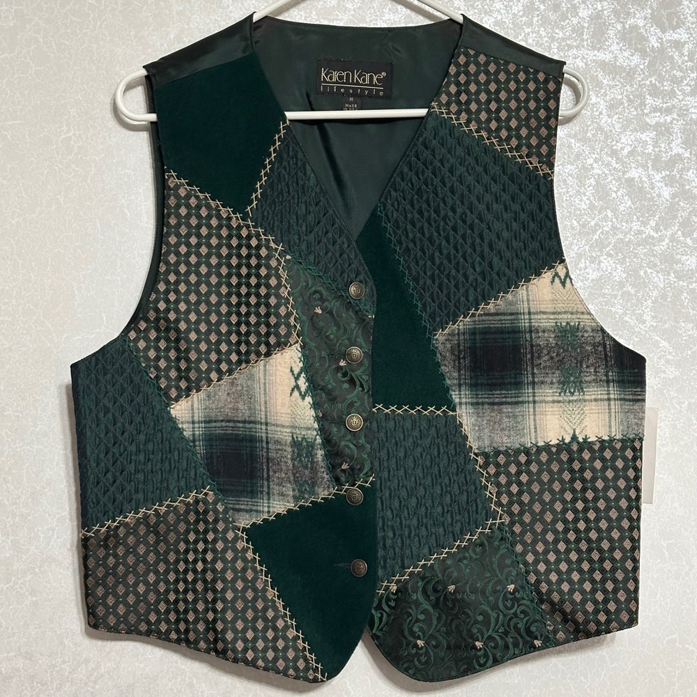 Karen Kane Patchwork Vest Multi-Texture Mixed Media Green Boho Cottage NWT Sz M